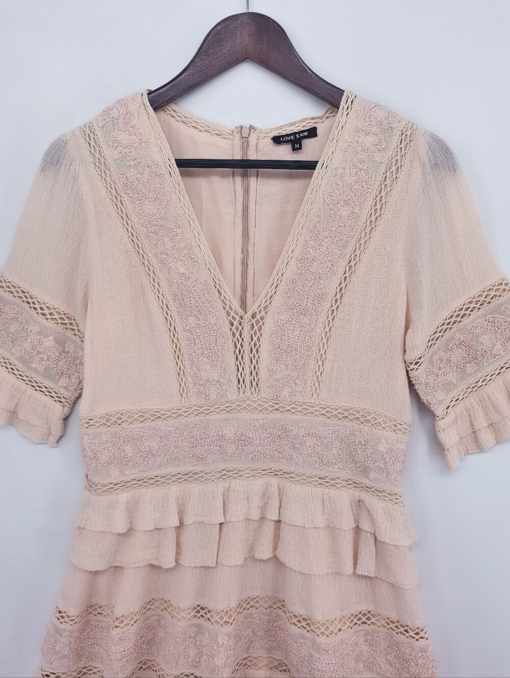 Love Sam Beaded Embroidered Boho Mini Dress Blush Lace Tiered Ruffle M - Picture 4 of 16